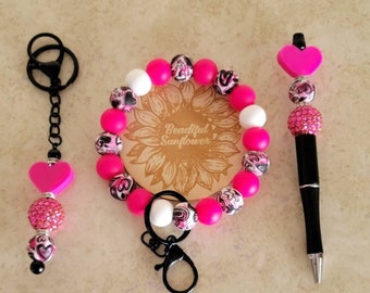 Heart Wristlet Keychain, Gift Set, Gift for Her, Teacher Gift, Silicone Wristlet, Birthday Gift, Valentine's Day Bundle
