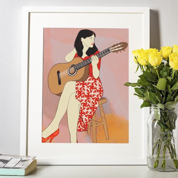 Femme guitariste, femme guitariste peinture, femme guitariste artwork, femme guitariste impression, femme guitariste art print, guitare print