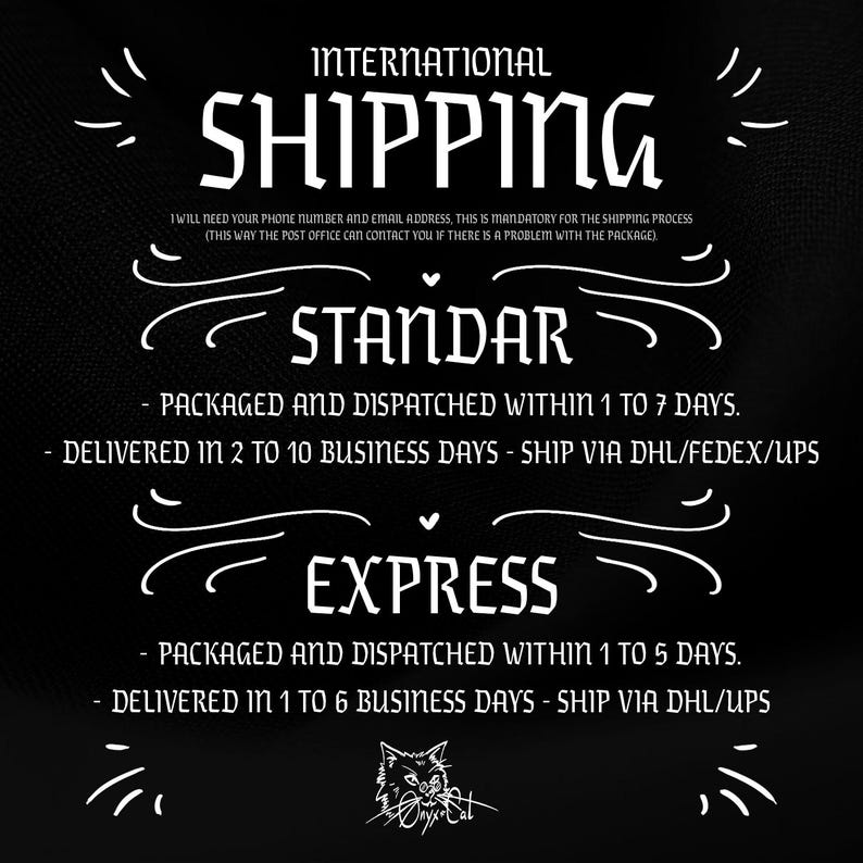 Puede incluir: Gr&aacute;fico en blanco y negro con el texto "INTERNATIONAL SHIPPING" en una fuente en negrita y estilizada. Los textos "STANDAR" y "EXPRESS" tambi&eacute;n est&aacute;n en negrita y con una fuente estilizada. El texto describe las opciones de env&iacute;o est&aacute;ndar y expr&eacute;s, incluido el tiempo de entrega estimado y las empresas de transporte.