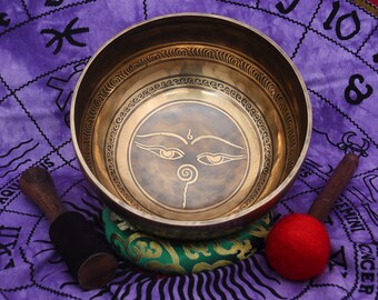 10 inches Diameter Eyes of buddha carved handmade singing bowl-Tibetan singing bowl-Mantra Blessed singign bowl-Chakra Healing yoga bowl