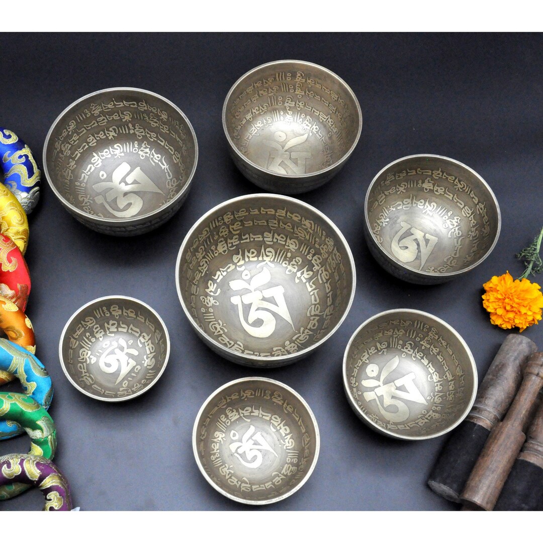 Mantra Carved Signing Bowl Set of 7-7 Chakra Healing Handmade Singing ...