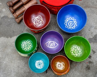 Chakra Healing singing bowl set-7 Chakra healing Handmade singing Bowl set-Himalayan singing bowl set for Healing and Chakra Balance-Nepal
