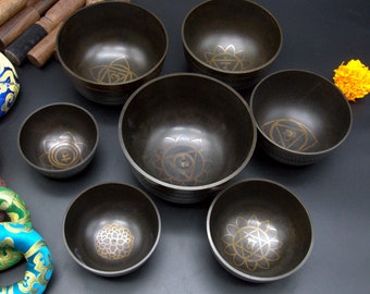 Antique Finish Singing bowl set of 7- 7 Chakra Healing singing bowl set -Singing bowl set of 7 for Balancing chakra, meditation and yoga