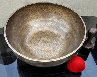 Extra large singing bowl, Flower of life etched large Tibetan singing bowl-Master Healing singing Bowl-Earthing Bowl-