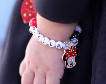 Personalized Kids Bracelet, Custom Beaded Charm Bracelet, Minnie Bracelet, Toddler Bracelet, Little Girl Bracelet, Minnie Mouse Bracelet
