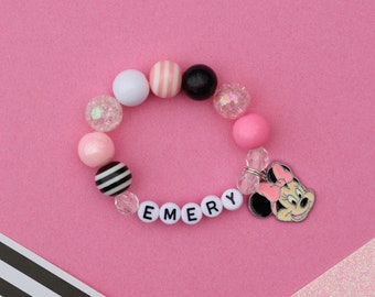 Minnie Mouse Personalized Kids Bracelet, Custom Beaded Charm Bracelet, Toddler Bracelet, Little Girl Bracelet, Pink Minnie Mouse Bracelet