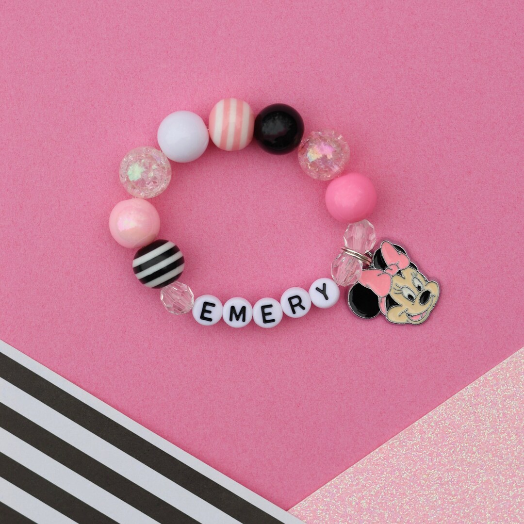 Minnie Mouse Personalized Kids Bracelet, Custom Beaded Charm Bracelet