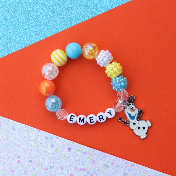 Personalized Olaf Charm Bracelet: Beaded Name Bracelet, Frozen Inspired