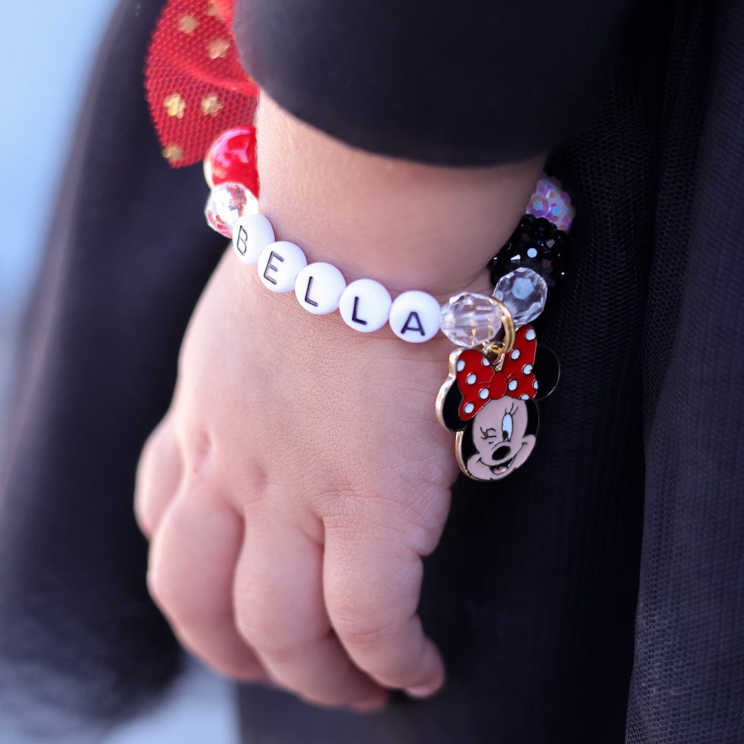 Personalized Kids Bracelet, Custom Beaded Charm Bracelet, Minnie