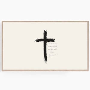 Puede incluir: Una cruz negra con un efecto de pincelada está centrada en un fondo beige. El texto "Recuerda que eres polvo y al polvo volverás Génesis 3:19" está escrito en cursiva debajo de la cruz.