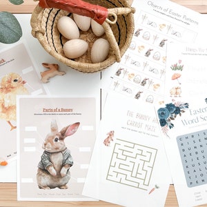 May include: A set of printable Easter activity sheets featuring a chick and bunny anatomy labeling activity, a bunny and carrot maze, and an Easter word search puzzle. The sheets are decorated with watercolor illustrations of chicks, bunnies, and floral elements.