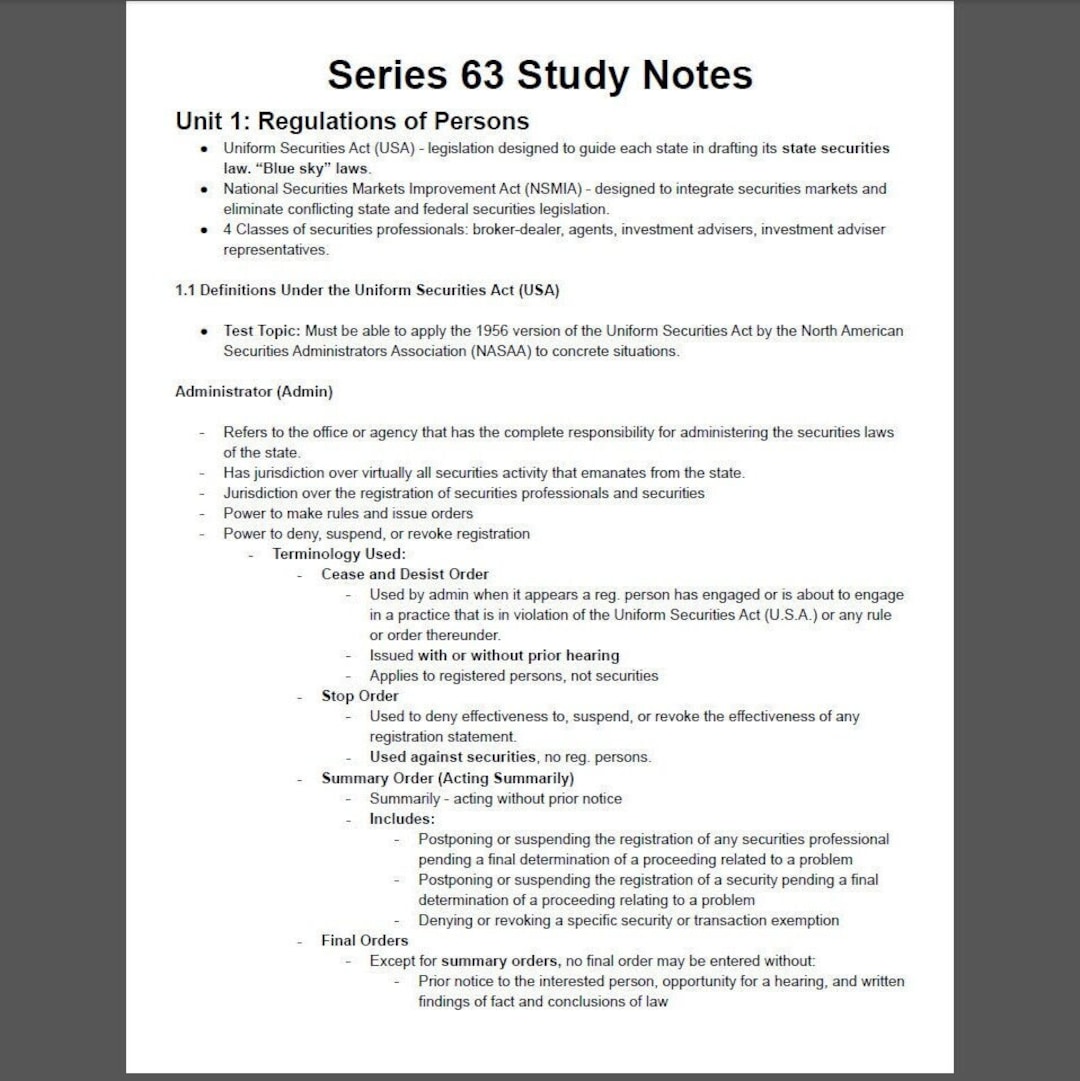 FINRA Series 63 Uniform Securities Agent State Law Exam Study Notes Etsy