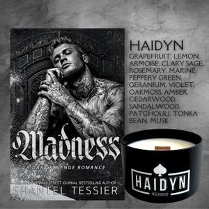 May include: A black and white book cover with the title "Madness: A Dark Revenge Romance" by Shantel Tessier. The cover features a man with tattoos, looking down with his hands clasped in front of him. A black candle with a wooden lid and the text "Haidyn Madness" is in the bottom right corner of the image.
