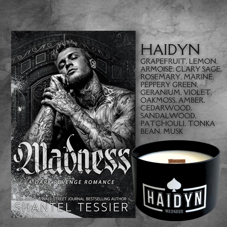 May include: A black and white book cover with the title "Madness: A Dark Revenge Romance" by Shantel Tessier. The cover features a man with tattoos, looking down with his hands clasped in front of him. A black candle with a wooden lid and the text "Haidyn Madness" is in the bottom right corner of the image.