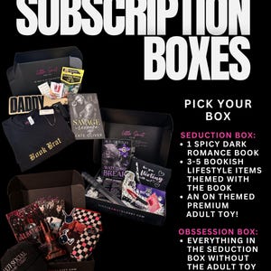 May include: Subscription boxes from Little Smut Closet containing books, apparel, and lifestyle items. Items include a black t-shirt with gold text, a black baseball cap, books titled Savage Revenge and Watch Me Break, and various small accessories.