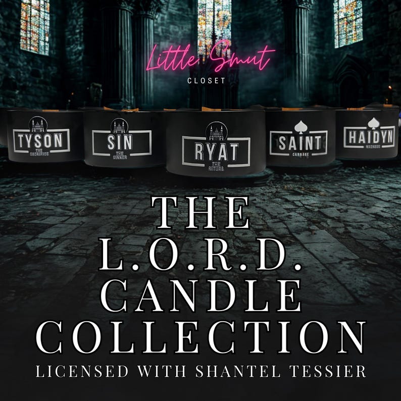 Puede incluir: Una colecci&oacute;n de cinco velas negras con detalles dorados. Las velas est&aacute;n etiquetadas con los nombres "Tyson", "Sin", "Ryat", "Saint" y "Haidyn". El texto "The L.O.R.D. Candle Collection" se muestra debajo de las velas. El texto "Licensed with Shantel Tessier" se muestra debajo del nombre de la colecci&oacute;n.
