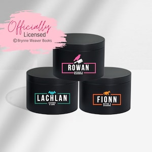 May include: Three black jars with labels featuring different names and animal illustrations. The names are Rowan, Lachlan, and Fionn. The animals are a blackbird, a bat, and a sparrow.