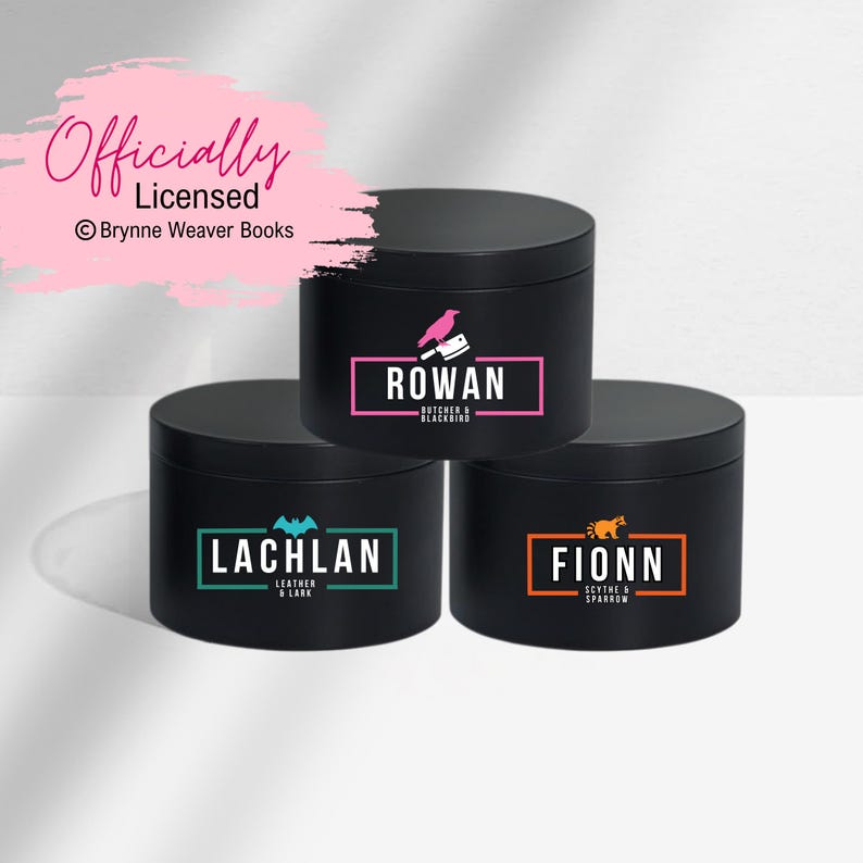 May include: Three black jars with labels featuring different names and animal illustrations. The names are Rowan, Lachlan, and Fionn. The animals are a blackbird, a bat, and a sparrow.