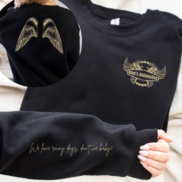 Ravenhood Series Inspired Sweater - King Automotive Logo, Ravenhood Wing Tattoo, Rainy Days Quote - Cozy Bookish Knit