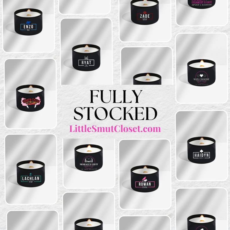 May include: A grid of 12 black candle jars with white text labels. The candles are arranged in a grid pattern on a white background. The text on the labels includes names like Enzo, Zade, Ryat, Why Choose, Lachlan, Morally Gray, Rowan, and Haidyn. The text at the bottom of the image reads "FULLY STOCKED LittleSmutCloset.com".