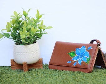 HandPainted Leather Wallet, Hand Painted Ladies Wallet, Painted Nature Mandala Purse, Lotus Purse, Customized Wallet