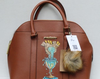 My Cup Overflows Painted Leather Bag, Christian Hand Bag, Christian Fashion Bag, Shoulder Bag, Bag For Youth, Steve Madden purse Cognac