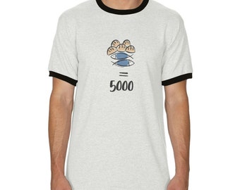 Faith Inspired Ringer Shirt: 5 Loaves and 2 Fishes Tee for Him and Her
