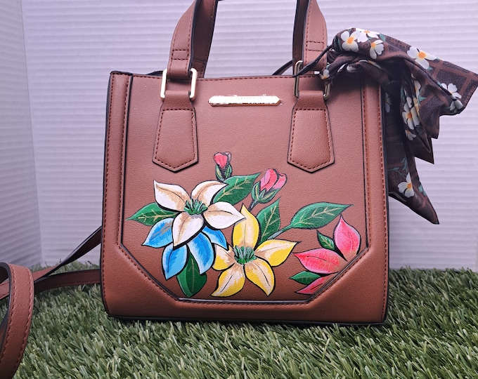 Shoulder Handbag Painted with Spring Flower, Art Handbag, Flower Handbag, Spring Flower Bag, Flower Leather Bag, Steve Madden Leather bag