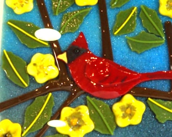 Fused Glass Framed Shadow Box Cardinal with Yellow Flowered Branch
