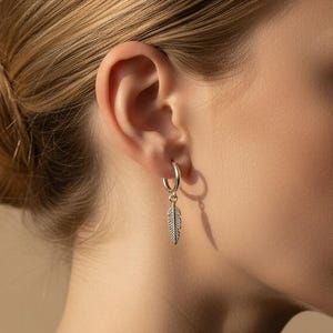 Feather Earrings, Small Hoop Earrings, Tiny Feather Charm Hoops in Silver, Delicate Minimalist Earring Dainty Hoop Earring Gift for her