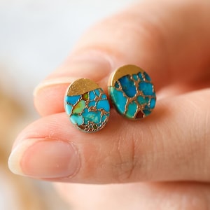 Turquoise Stone Stud Earrings - Natural Turquoise Gemstone Gold Earrings - Birthstone Post Earrings - Raw Turquoise Oval Stud Earrings