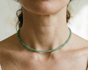 Gargantilha de Aventurina Verde, Colar Delicado à Prova d'Água com Contas, Colar com Pedra de Nascimento, Joia Minimalista de Verão em Aço Inoxidável, Empilhável