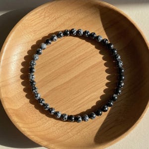 Snowflake Obsidian Bracelet - 4mm Obsidian Stone Dainty Bracelet - Minimalist Boho Jewelry, Stackable Elastic