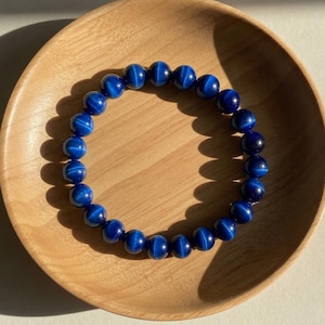 Blue Tigers Eye Bracelet - 8mm Gemstone Beaded Bracelets - Boho Style Protection Jewelry Stackable, Elastic