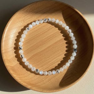 Rainbow Moonstone Bracelet - 4mm Moonstone with Black Tourmaline Crystal Dainty Bracelets - Minimalist Boho Jewelry