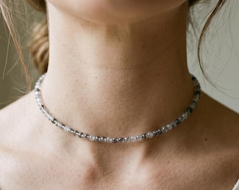 Tourmaline in Quartz Choker, Dainty Waterproof Crystal Necklace, Birthstone Necklace, Minimalist Summer Jewelry Stainless Steel, Stackable