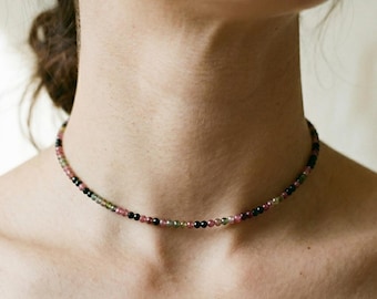 Rainbow Tourmaline Choker, Dainty Waterproof Beaded Necklace, Birthstone Necklace, Minimalist Summer Jewelry Stainless Steel, Stackable