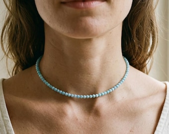 Collana girocollo in larimar, delicata collana di perline impermeabile, collana con pietra portafortuna, gioielli estivi minimalisti in acciaio inossidabile, impilabile