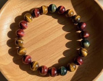 Rainbow Tigers Eye Bracelet - 8mm Gemstone Beaded Bracelets - Boho Style Protection Jewelry Stackable, Elastic