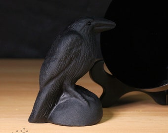 Natural Black Obsidian Raven - Hand Carved Obsidian Crow - Black Crystal Raven Sculpture - Mineral Specimen Home Decoration