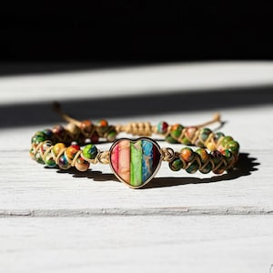 Chakra Jasper Stone Bracelet - Gemstone Bracelet Chakra Heart Charm Bracelet Healing Crystal Boho Bracelet Gift to her, gift to him
