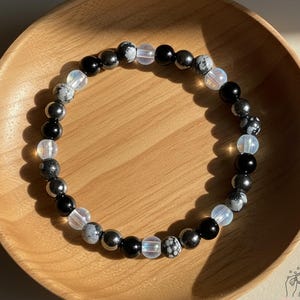 Healing Protection Bracelet - 6mm Hematite Black Tourmaline Bracelet - Snowflake Obsidian Aura Quartz Bracelets Gift for her