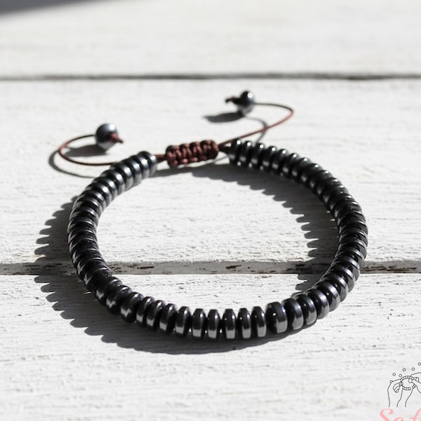 Natural Hematite Beaded Bracelet - Hematite Stone Rondelle Beads Bracelet - Healing Crystal Protection Bracelets