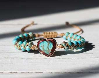 Bracelet en pierre turquoise - Bracelet de pierres précieuses bohème naturel - Bracelet de guérison avec charme en pierre de jaspe coeur - Cadeau pour elle, cadeau pour lui