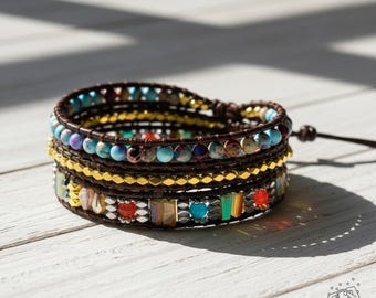 Healing Crystal Bracelet - Natural Stone Braided Bracelet Leather Wrap Protection Bracelets Adjustable