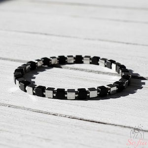 Minimalist Hematite Bracelet - Cube Shaped Stone Beaded Bracelet - Protection Jewelry Stretchy