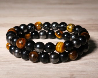 Tiger's Eye Stone Bracelet - Natural Obsidian Hematite Gemstone Stretch Bracelet - Men Women Couple Bracelet Strength Protection Bracelets