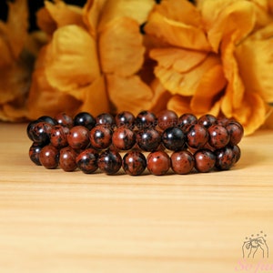 Mahogany Obsidian Bracelet - Natural 8mm Mahogany Obsidian Stone Stretch Bracelet Spiritual Healing Strength Bracelet Anxiety Stress Relief