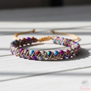 Natural Purple Sea Sediment Jasper Beaded Bracelet – Braided Gemstone Jewelry – Dainty Boho Stackable Bracelet