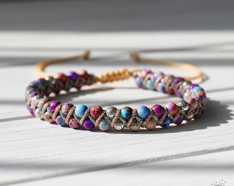 Natural Purple Sea Sediment Jasper Beaded Bracelet – Braided Gemstone Jewelry – Dainty Boho Stackable Bracelet